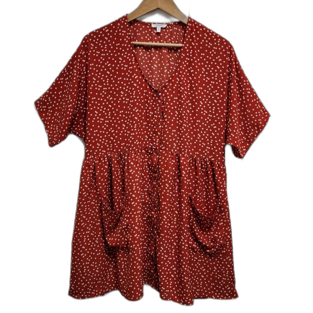 Jodifl Dress Medium Red Polka Dot Button Front V Neck Short Sleeve Pockets Boho